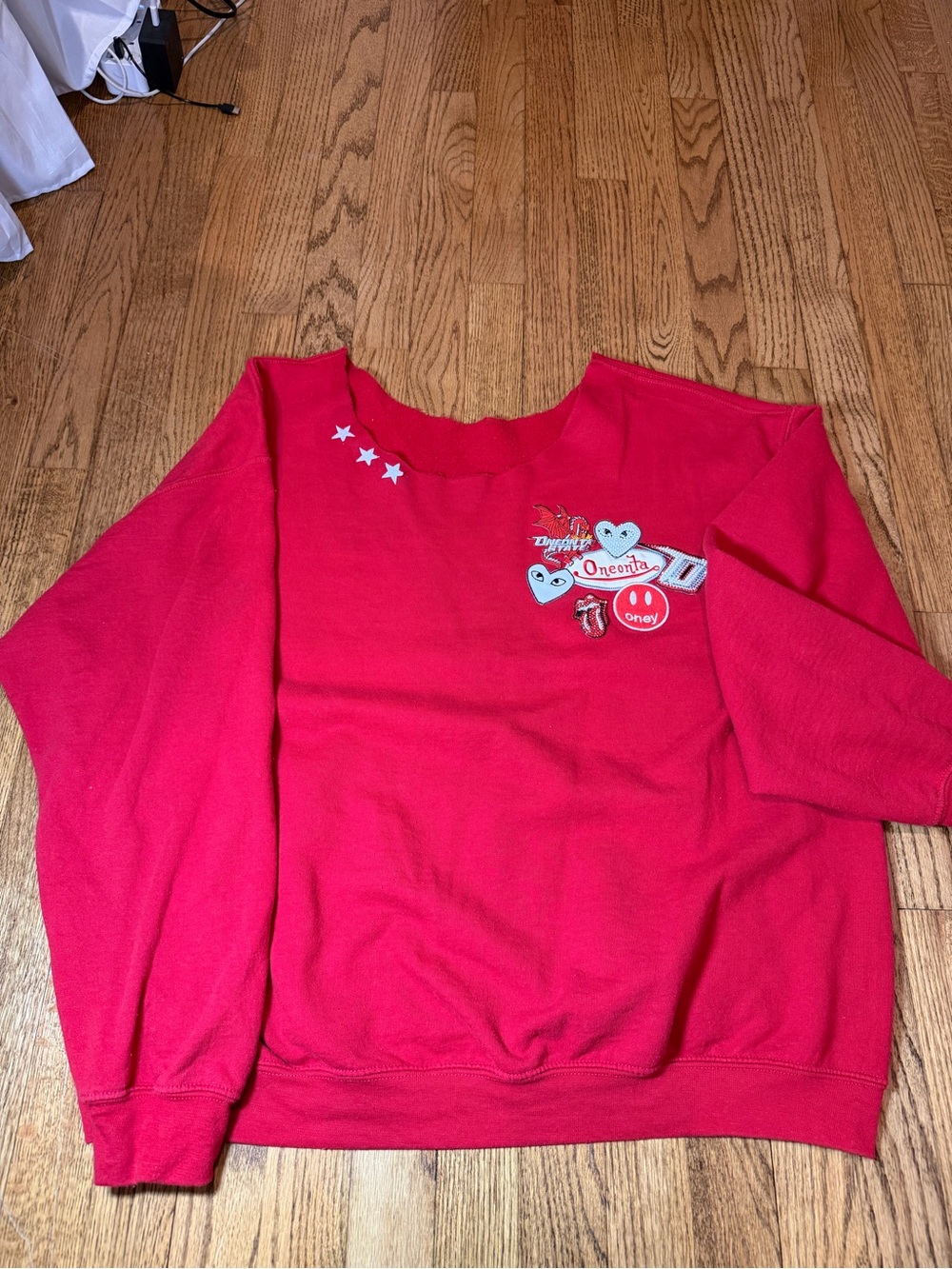 Red Graphic Crewneck Sweatshirt with Heart Patches